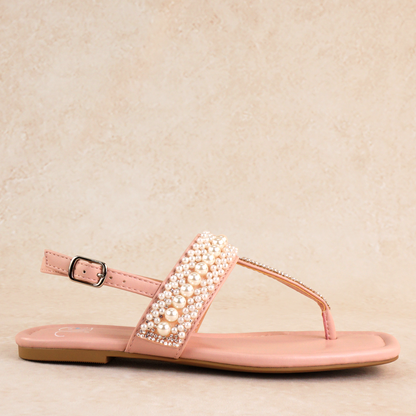 T-strap pink sandal with adjustable slingback and pearl and rhinestone accents