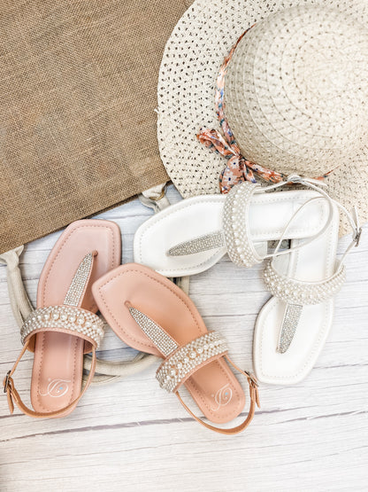 Reese Flat Sandal with Pearl and Rhinestone Details