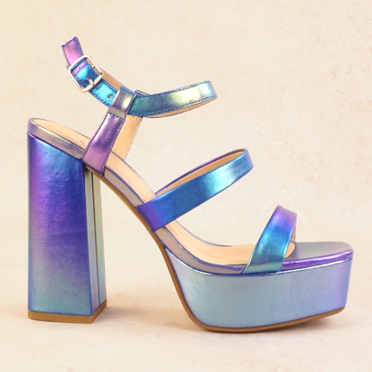 Purple iridescent strappy block heels