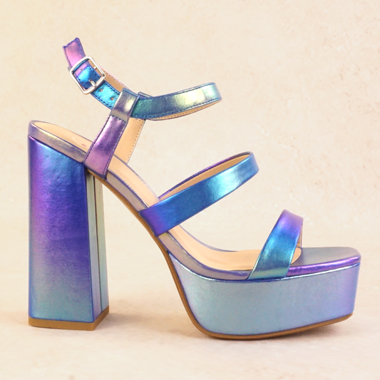 Purple iridescent strappy block heels
