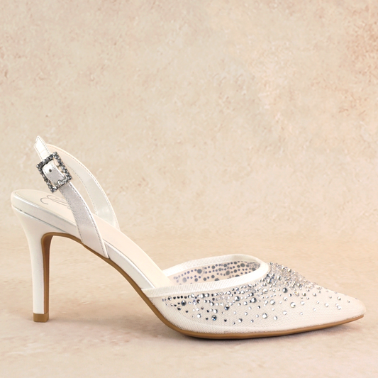 White d’orsay pump with adjustable slingback and a 3.5" heel