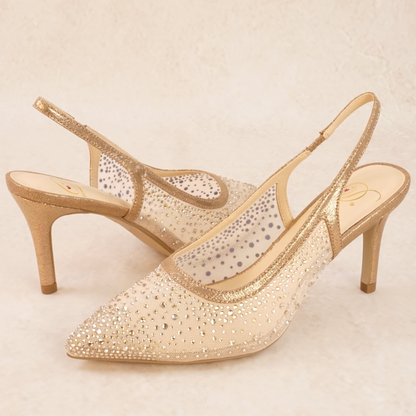 A pair of rose gold mesh rhinestone studded pump heels with elastic slingback strap