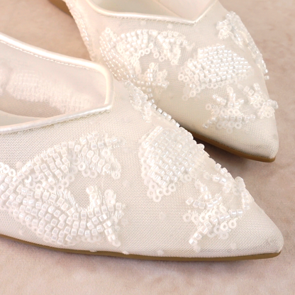 Pointed-toe slingback mesh white flat with beading