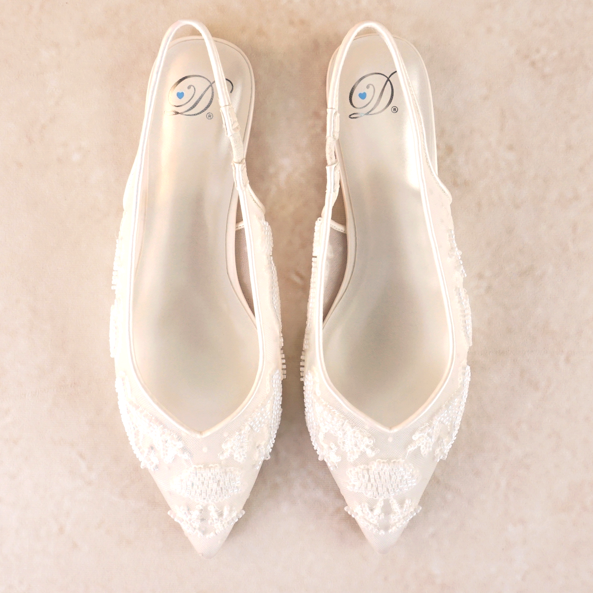 Pointed-toe slingback mesh white flat with beading