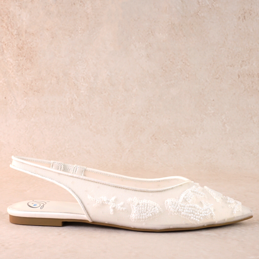 Pointed-toe slingback mesh white flat with beading