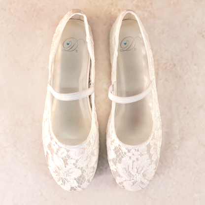 Allover lace white ballet flat with elasticized Mary Jane strap