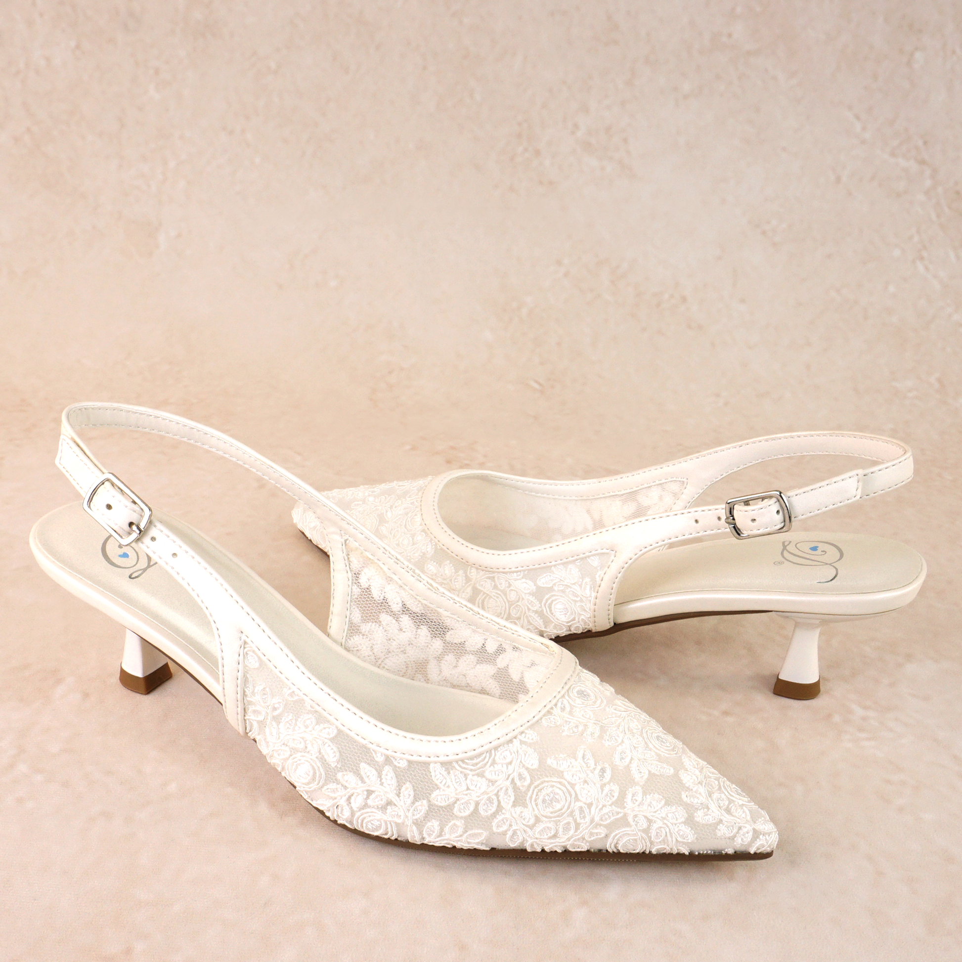 Allover lace 2.25" kitten heels with adjustable slingback