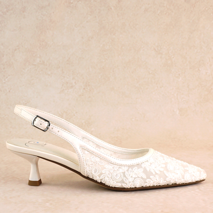 Allover lace 2.25" kitten heels with adjustable slingback