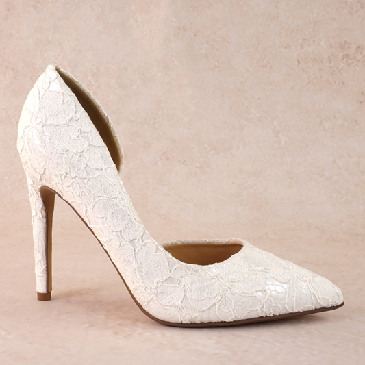 White lace d’orsay cut-out stiletto with a 4.25" heel