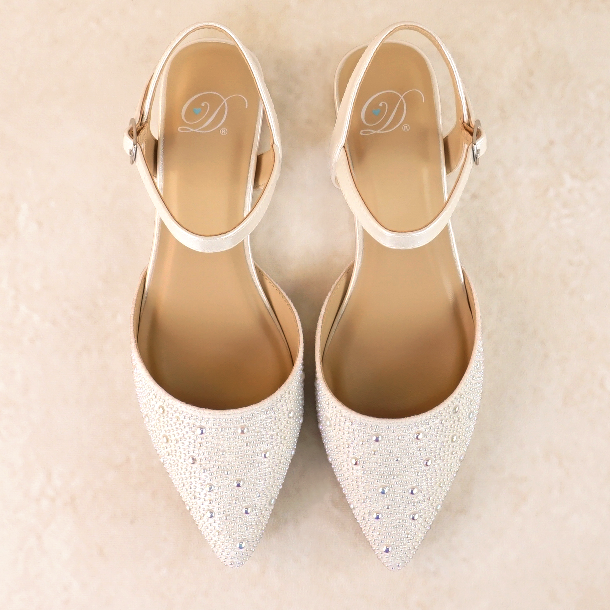 Ankle strap open-heeled white flat with allover pearls