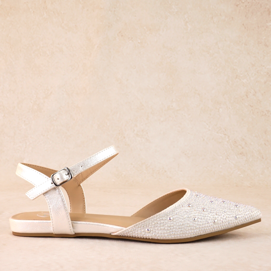 Ankle strap open-heeled white flat with allover pearls