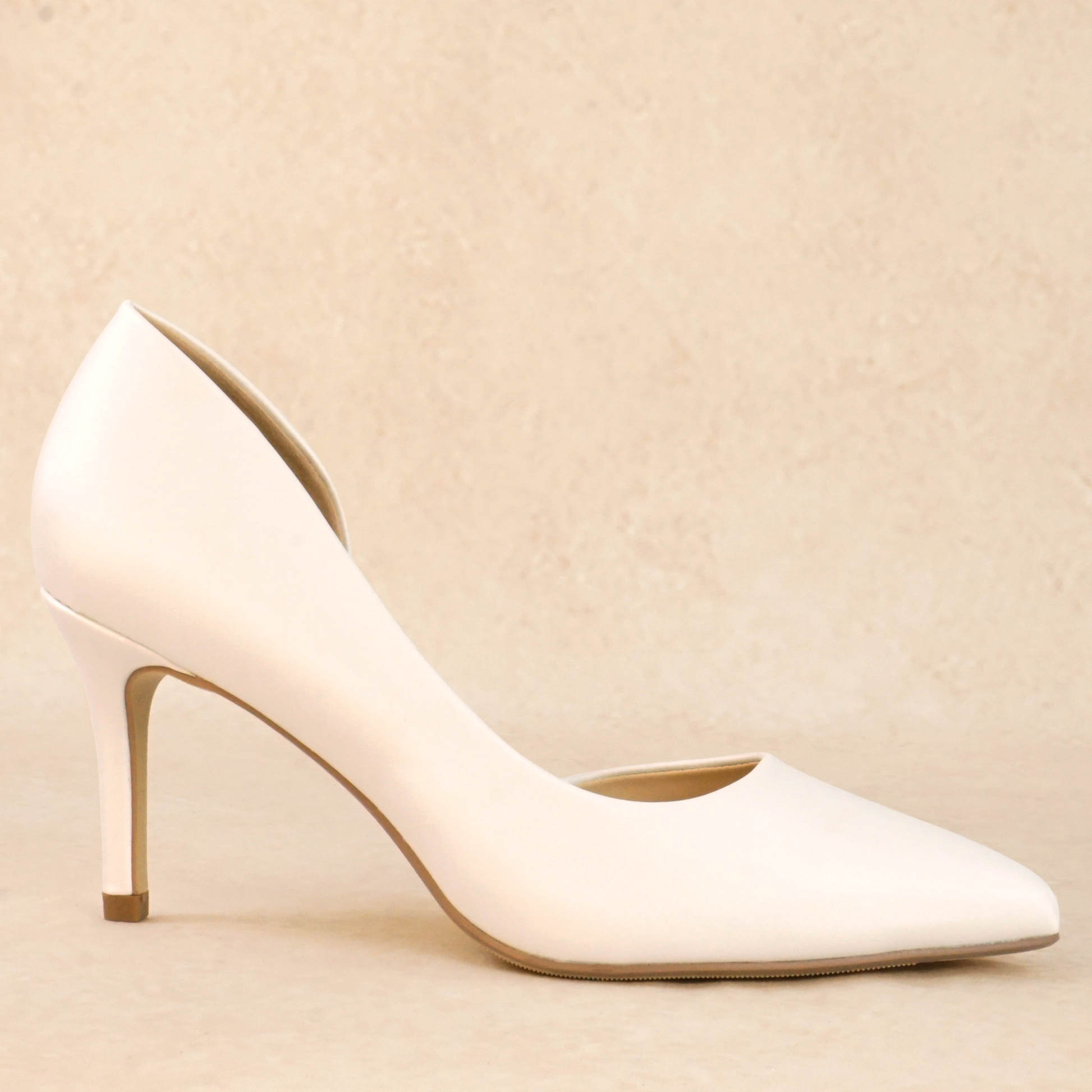 A white satin material d'orsay pump heel 