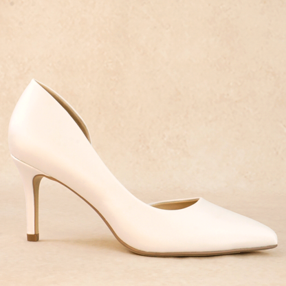 A white satin material d'orsay pump heel 